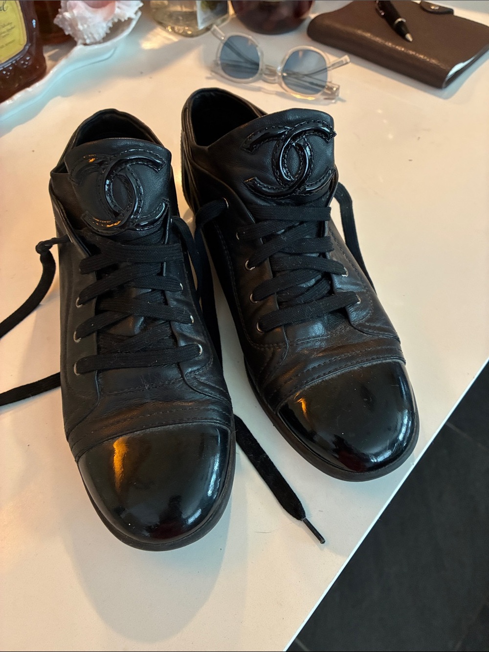 CHANEL Black Leather & Patent Cap Toe  Sneakers